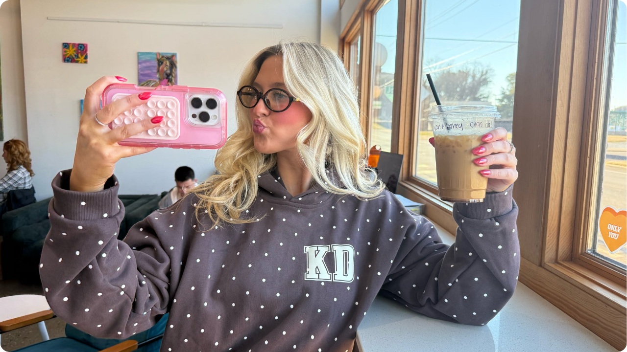 Blaire wearing the Dark Chocolate with Cream Polka Dots Fresh Prints Boston Graphic Heavyweight Hoodie