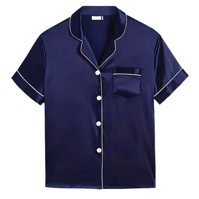 L&L Promos Short Sleeve Satin PJ Top sspjtop Blue Front