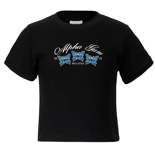 Alpha Gamma Delta Elegant Script with Blue Butterflies Big Little Reveal Shirt 2