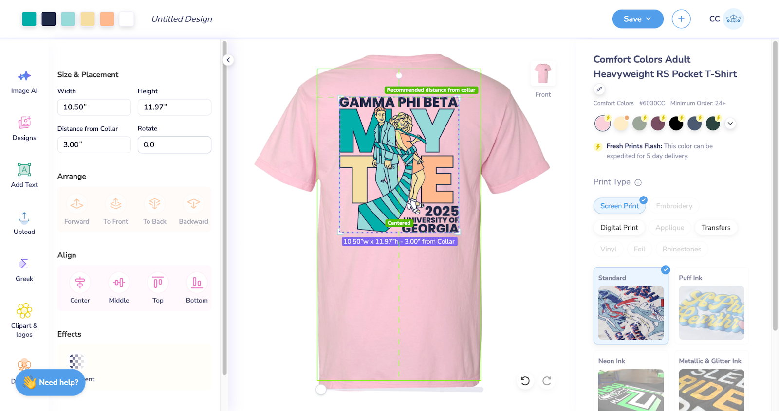 Student Creator Design Opened on Fresh Prints Design Tool