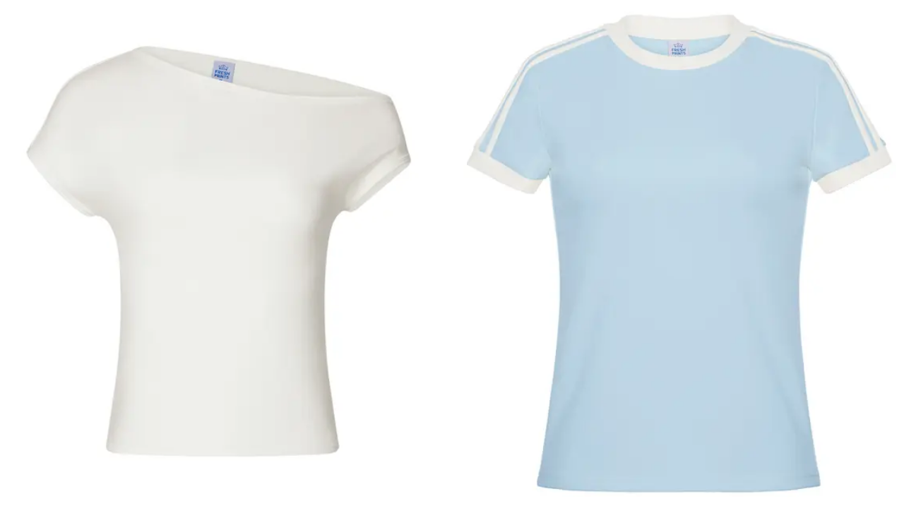 Fresh Prints Chloe Off-Shoulder Top and Simone Slim Fit Ringer Shirt with Stripes