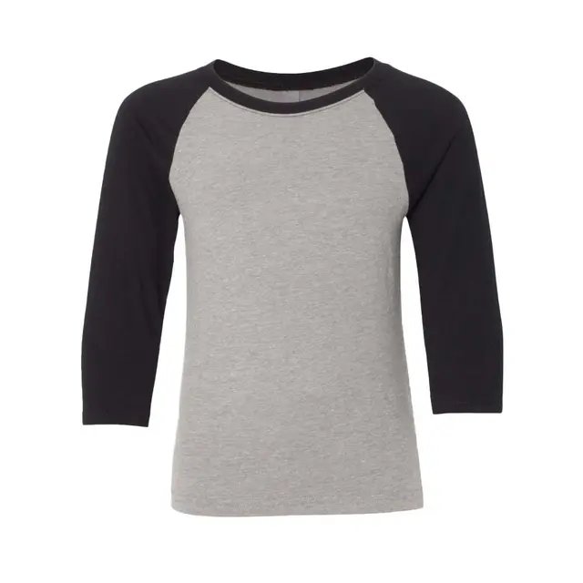 Youth CVC Three-Quarter Sleeve Raglan Black Sleeves Dark Heather Grey Body Front