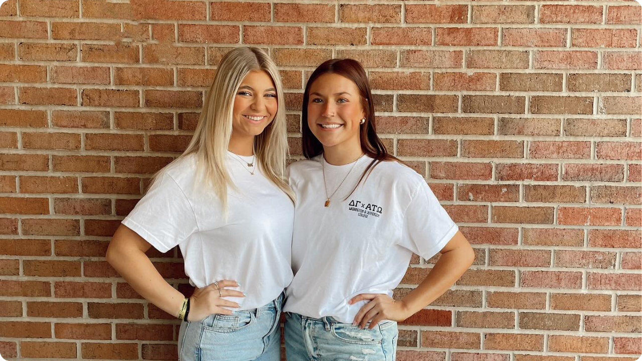 Delta Gamma girls from Washington & Jefferson College wearing date party merch
