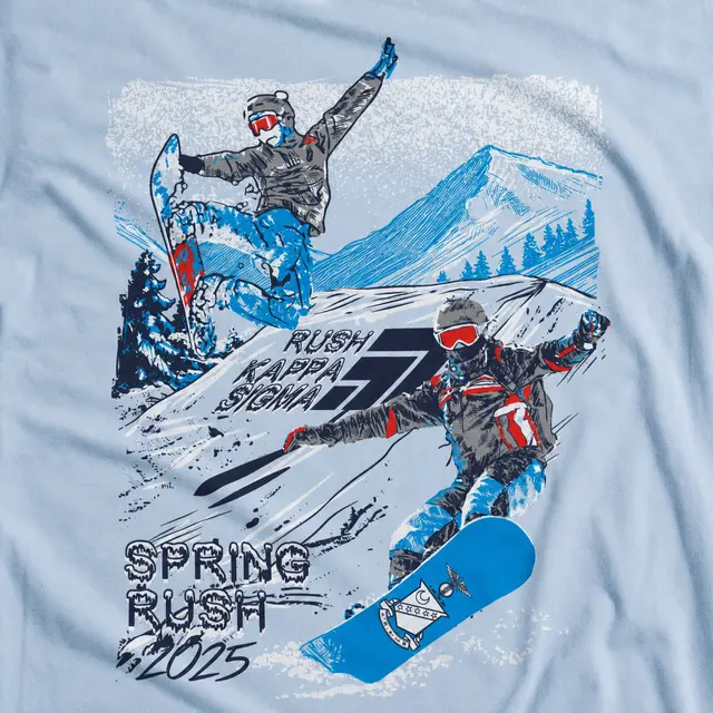 Kappa Sigma Kappa Sigma Dynamic Snowboarding with Spring Mountain Scenery in Blue and White Design for Fraternity 