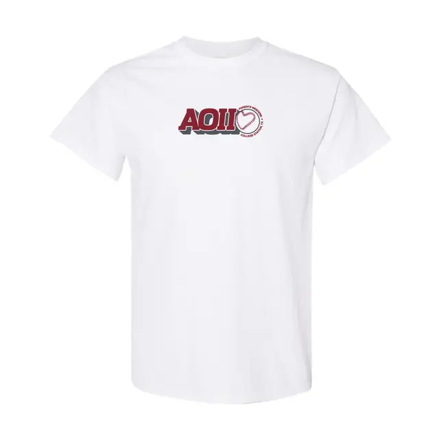 Alpha Omicron Pi Stacked Text Heart Baseball Parent's Weekend Shirt 2