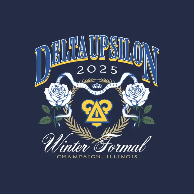 Delta Upsilon Bold Text with Blue Roses Winter Formal Crewneck