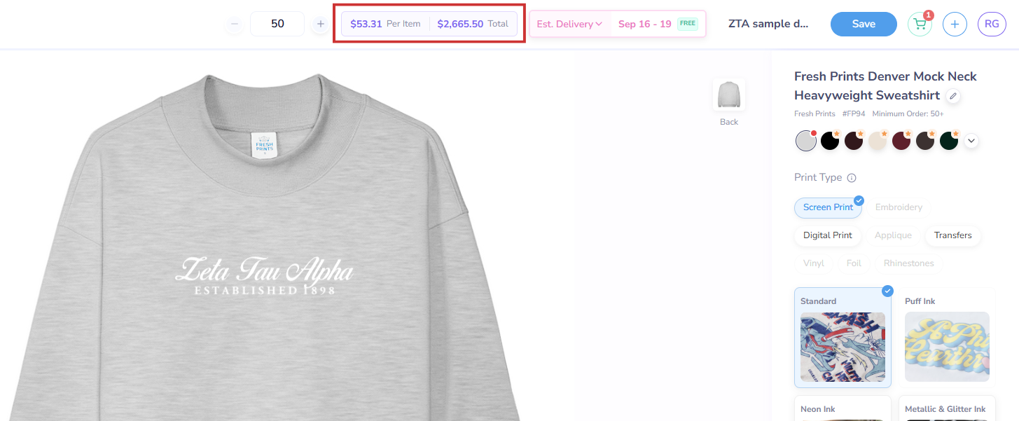Get a Merch Price Quote on the Fresh Prints Design Tool