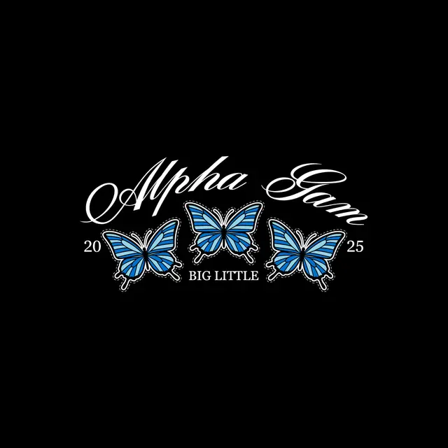 Alpha Gamma Delta Elegant Script with Blue Butterflies Big Little Reveal Shirt