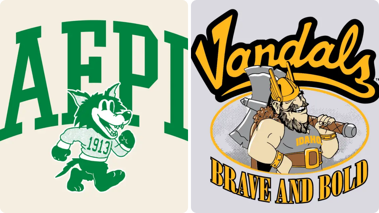 Retro wolf mascot college sweatshirt with green and white text for school spirit wear.