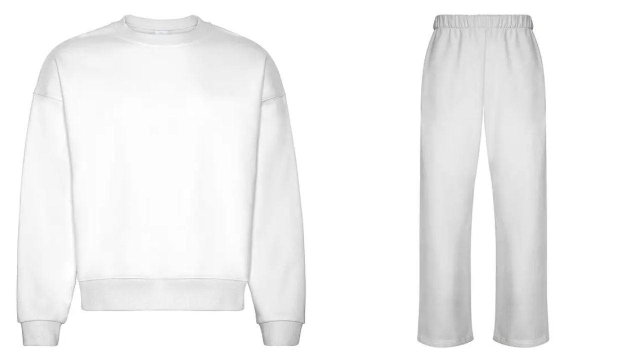 White mockneck and sweatpants