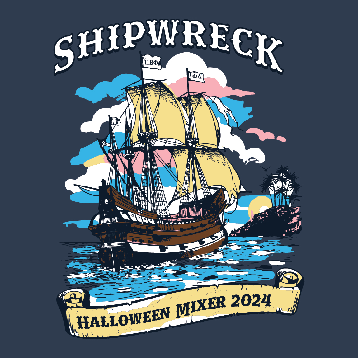 Pirate Ship on Ocean Waves with Bold Text Halloween Shirt Pi Beta