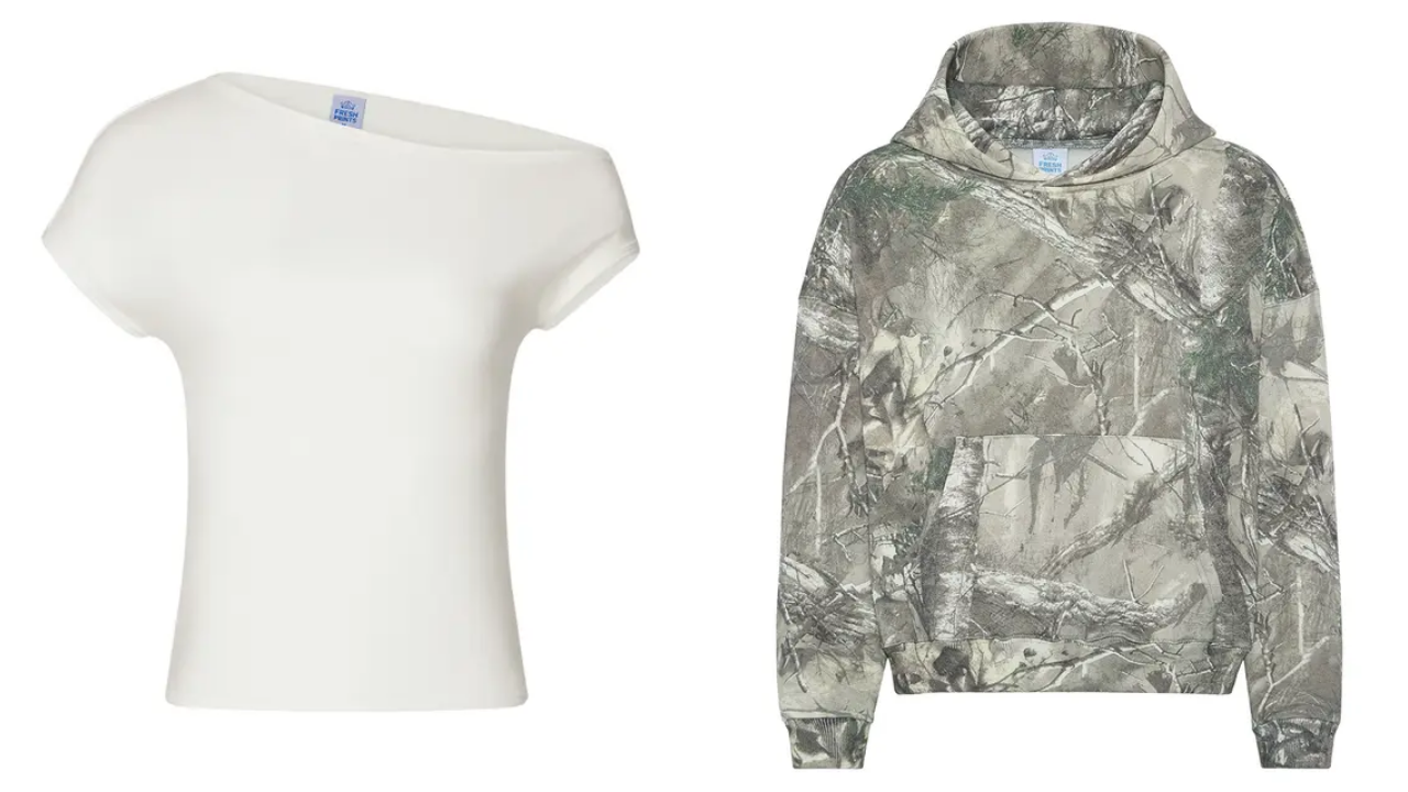Fresh Prints Chloe Off-Shoulder Top and Boston Camo Heavvyweight Hoodie for sorority date party merch