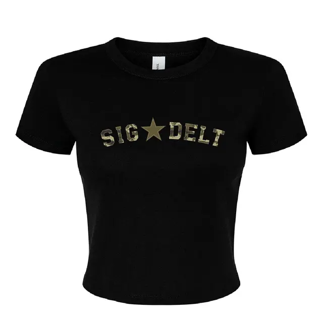 Camo Themed Stitched Varsity Text PR Shirt Design for Sigma Delta Tau