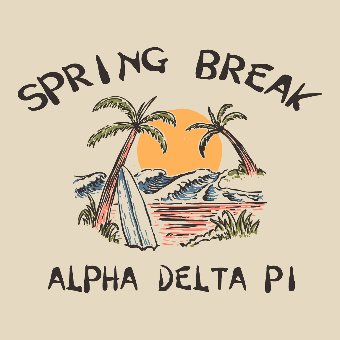 Alpha Delta Pi Hand Drawn Surfboard on Beach with Palm Trees and Waves ...