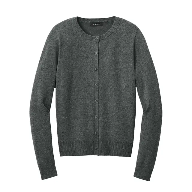 Women's Easy Care Crewneck Cardigan Sweater Charcoal Heather Front