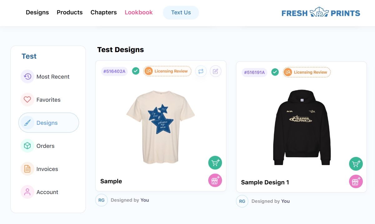 Access Saved Designs on Through Your Fresh Prints Hq Account