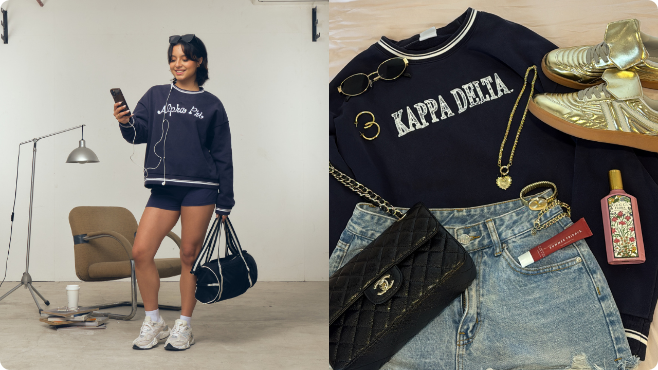 Fresh Prints Varsity Crewneck styled in two ways with biker shorts or denim shorts