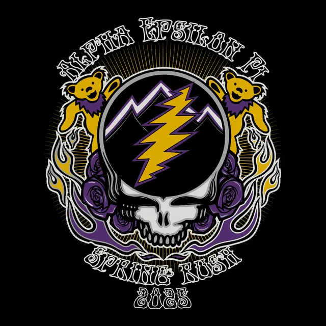 Alpha Epsilon Pi Alpha Epsilon Pi Thunder on Skull with Rose and Flame in Purple and Yellow Design for Fraternity 