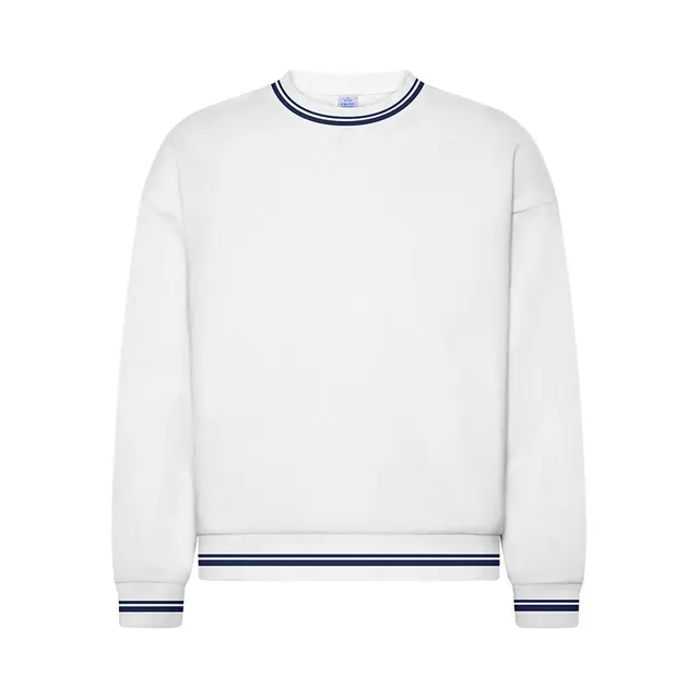 Fresh Prints Varsity Crewneck White with Navy Stripes Front