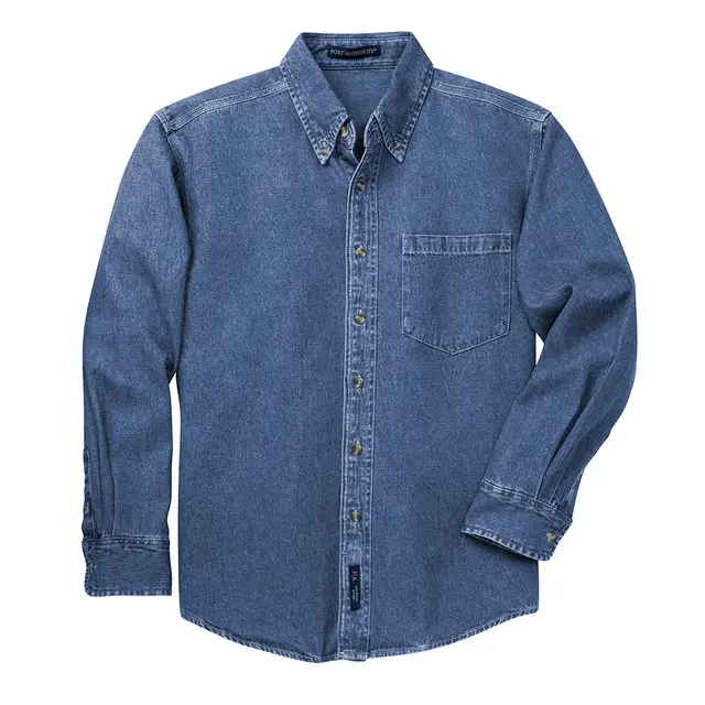 Port Authority Heavyweight Denim Shirt Dark Blue Stonewashed Front
