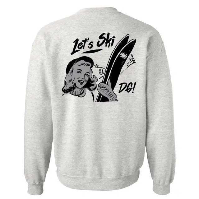 Sorority Sweater with Delta Gamma Winter Ski Vacation with Vintage Pin-Up Girl in Black and Gray Design on it