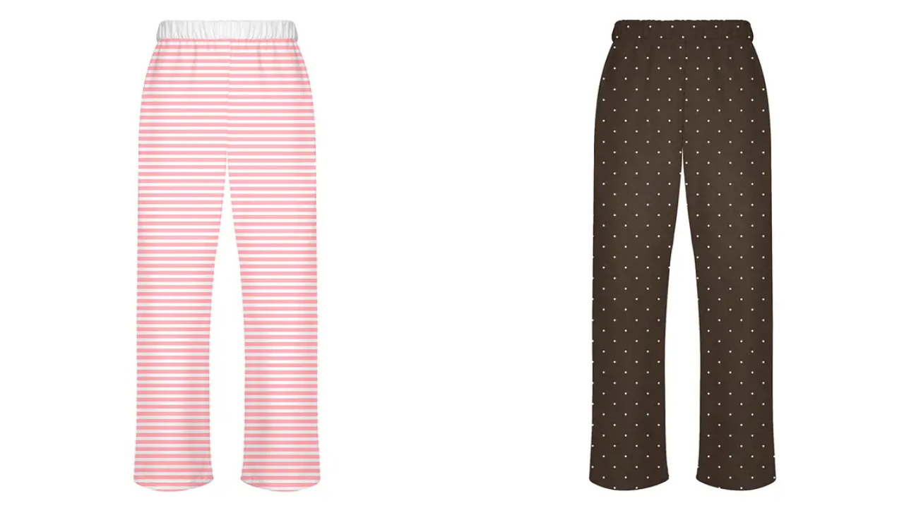 Fresh Prints San Diego Graphic Open Heavyweight Sweatpants in Baby Pink with White Stripes and Dark Chocolate with Cream Polka Dots