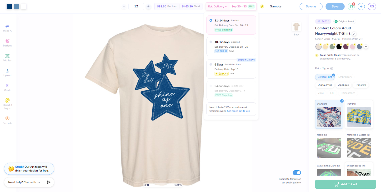 Fresh Prints Design Tool Shows Estimated Delivery Options