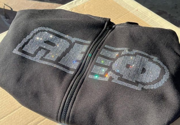 Custom AEPhi merch zip-up hoodie with Rhinestone Design Split Into Two