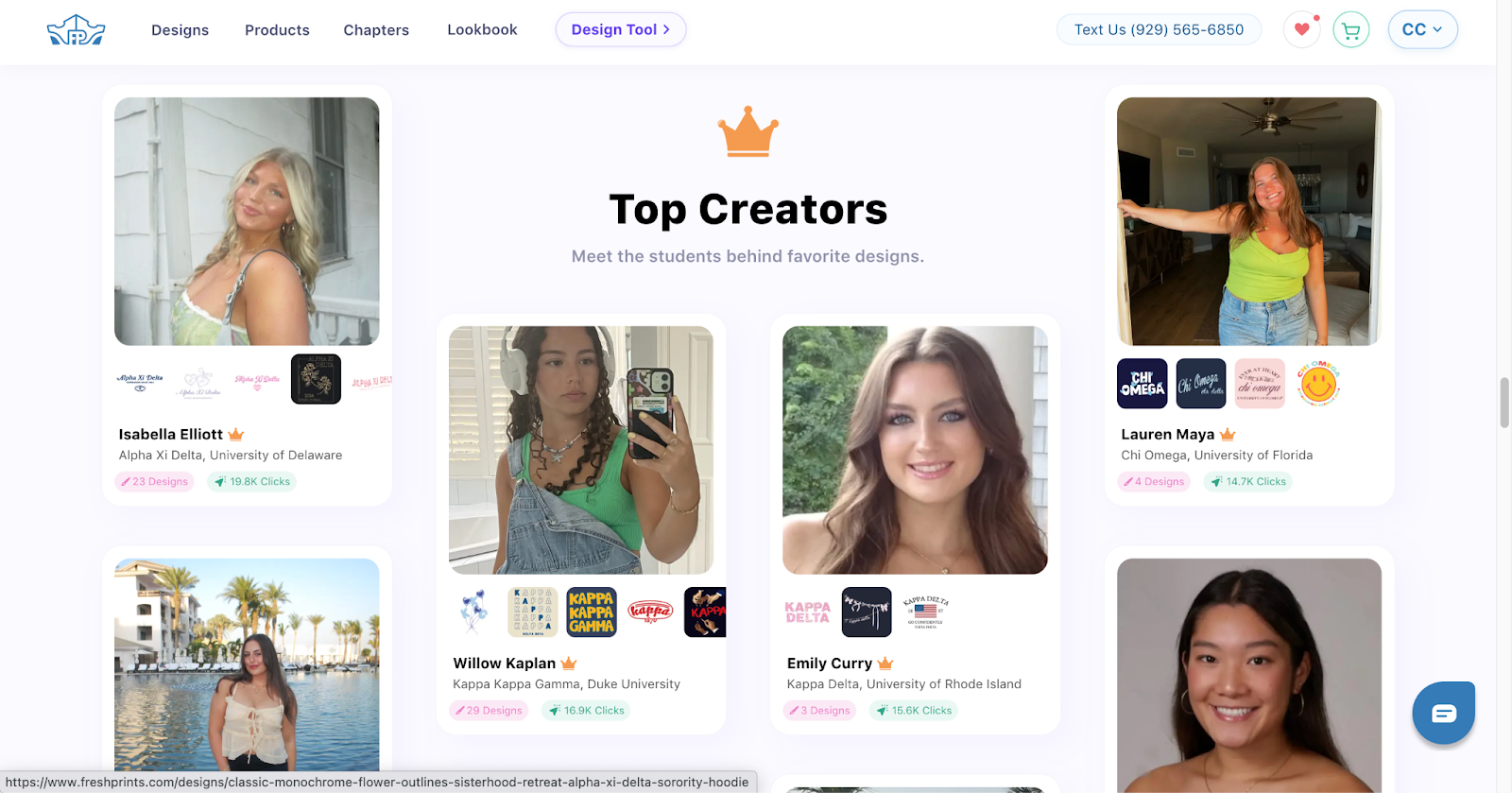 Top Student Creators on Fresh Prints Homepage