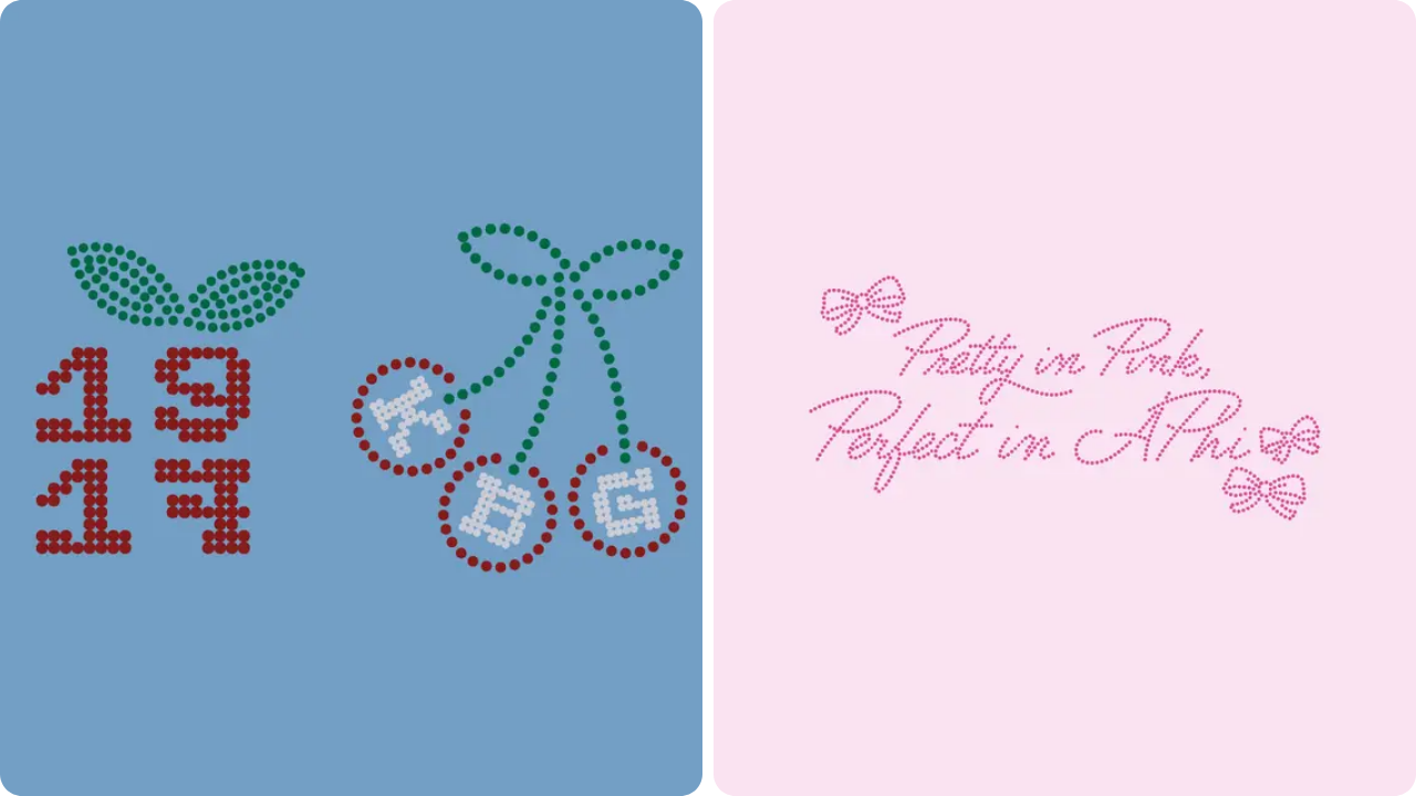 Kappa Beta Gamma Cherry and Alpha Phi Pretty in Pink rhinestones designs