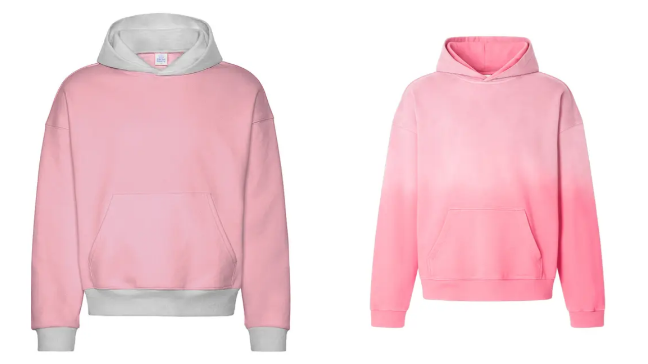 Boston Heavyweight Color Block Hoodie in pink and white and Boston Heavyweight Vintage Dye Hoodie in pink
