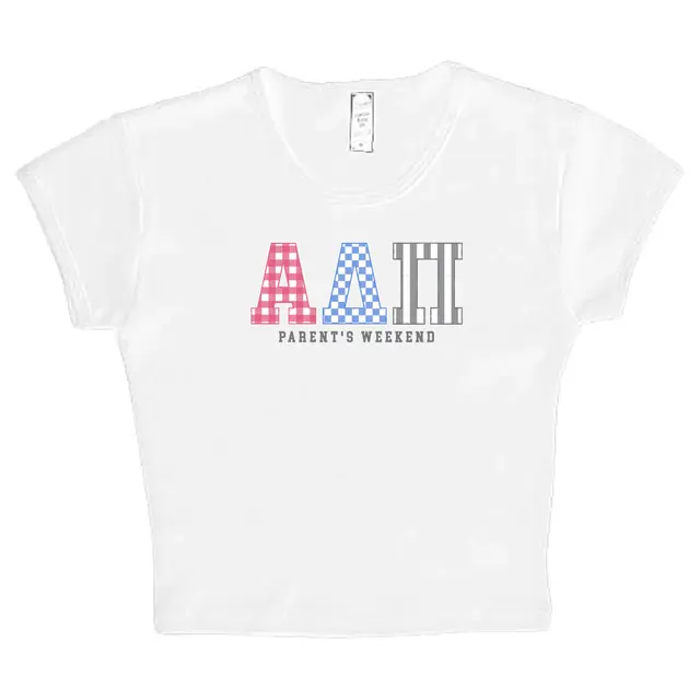 Patterned Greek Text Parent's Weekend Crop Top Design for Alpha Delta Pi