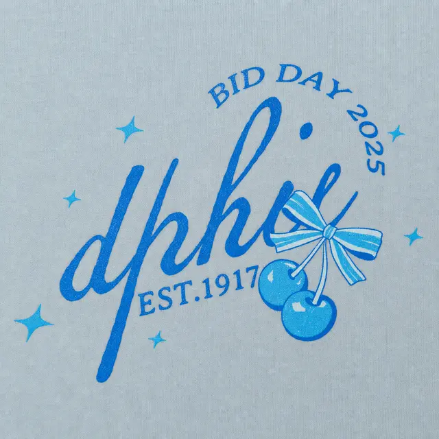 Delta Phi Epsilon DPhiE Text with Cherries and Bow in Blue Bid Day Shirt