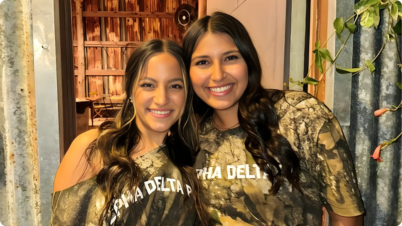 Alpha Delta Pi girls from Texas State University wearing custom Camo Crew merch for sorority date party 