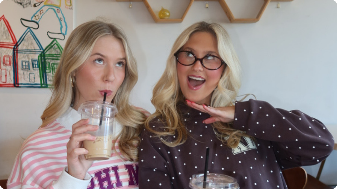 Blaire and her friend wearing the Denver Graphic Heavyweight Mockneck in Baby Pink with White Stripes and the Boston Graphic Heavyweight Hoodie in Dark Chocolate with Cream Polka Dots.