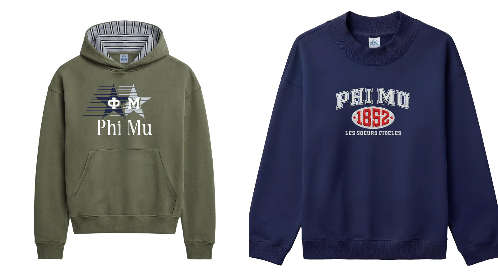 Phi Mu merch hoodies and sweaters