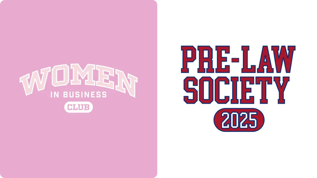 College hoodies with bold block lettering for Women in Business and Pre-Law Society.