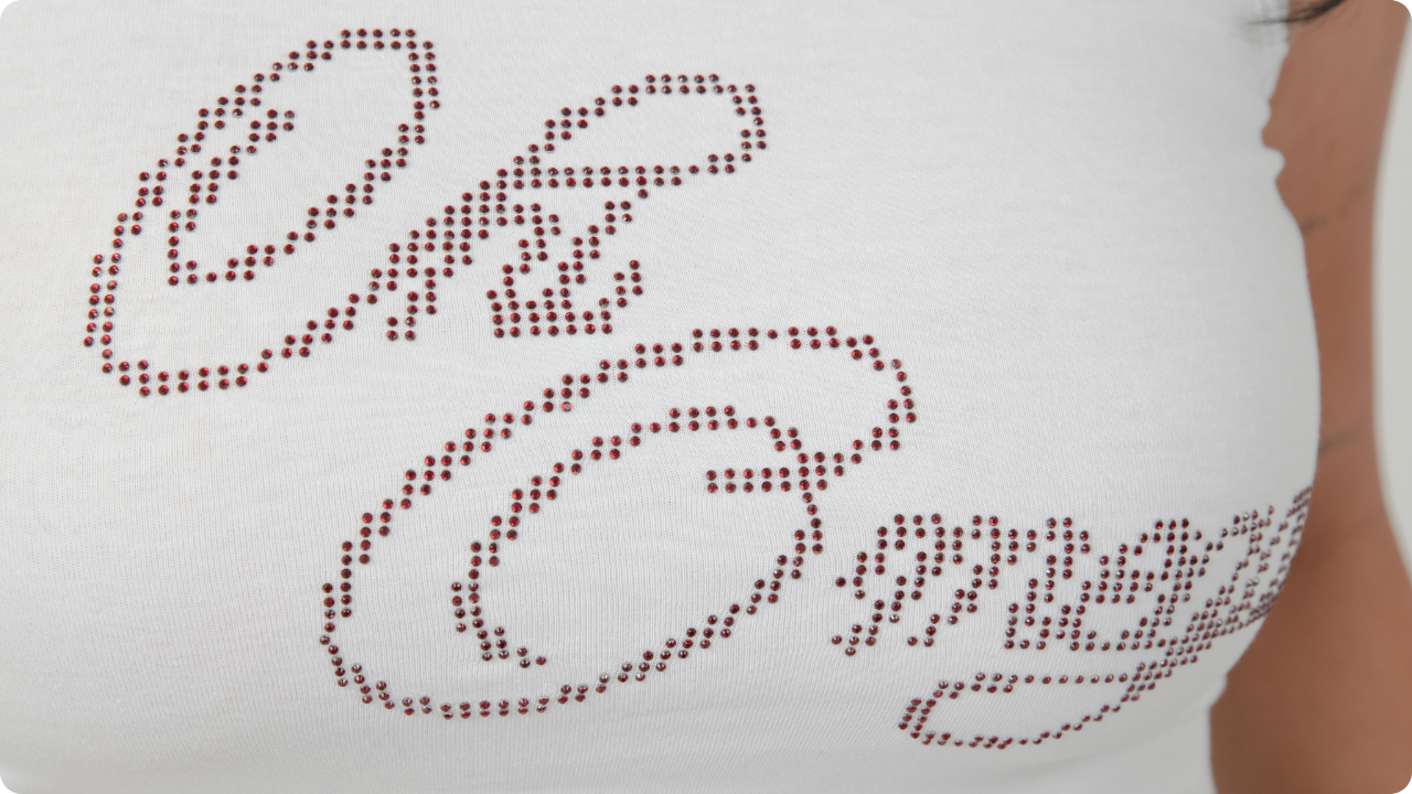 Chi Omega script text rhinestones design on ribbed tank