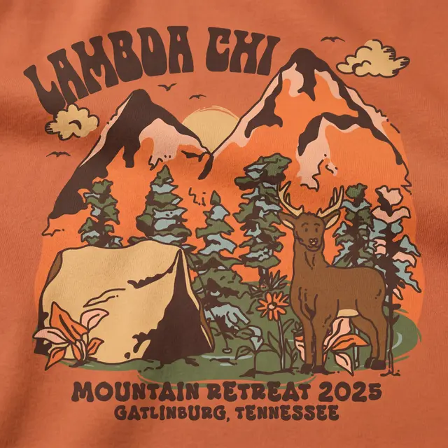 Lambda Chi Alpha 60s 70s Deer Animal Forest Nature Tent Plants Flowers Trees Sun Clouds Mountain Design for Date Party for Fraternity 