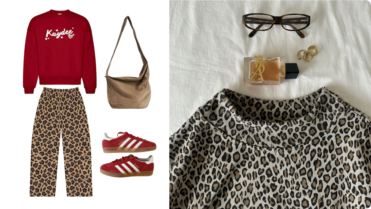 Fresh Prints Chicago Heavyweight Crewneck styled with cheetah print pants alongside Fresh Prints Leopard mockneck