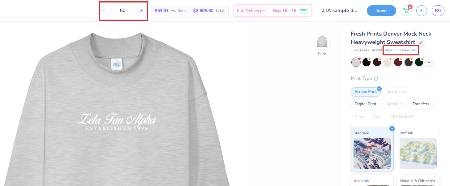 Find Minimum Order Quantity on the Fresh Prints Design Tool