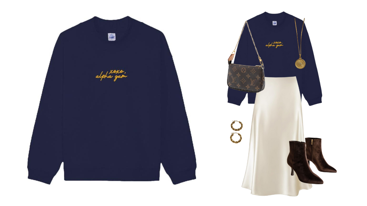 Fresh Prints Navy Blue Denver Mockneck styled with a satin midi skirt, purse, and boots