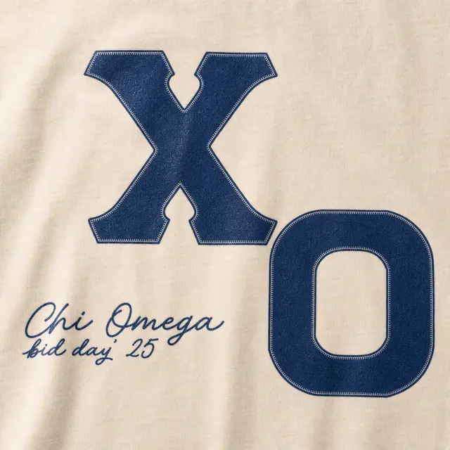 Chi Omega Stitched Denim Patterned Text Bid Day Hoodie