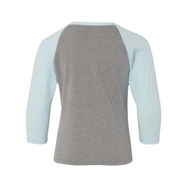Youth CVC Three-Quarter Sleeve Raglan Ice Blue Sleeves Dark Heather Grey Body Back