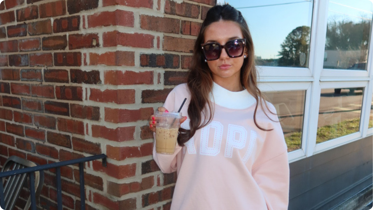 Blaire's friend wearing the Fresh Prints Denver Heavyweight Color Block Mockneck in Baby Pink and White