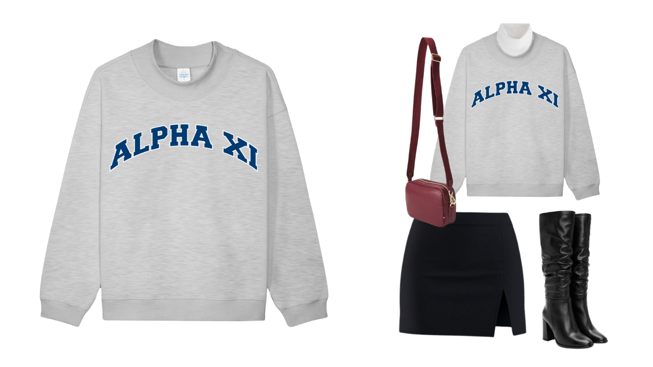 Fresh Prints Denver Mockneck styled with a black mini skirt, turtleneck, burgundy bag and black leather boots