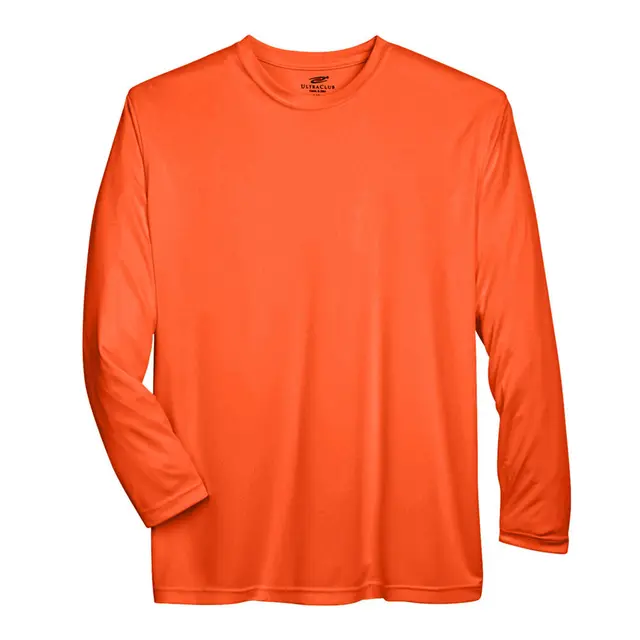 Customizable Ultraclub Adult Cool & Dry Sport Long-Sleeve Performance Interlock T-Shirt 8422 Bright Orange Front