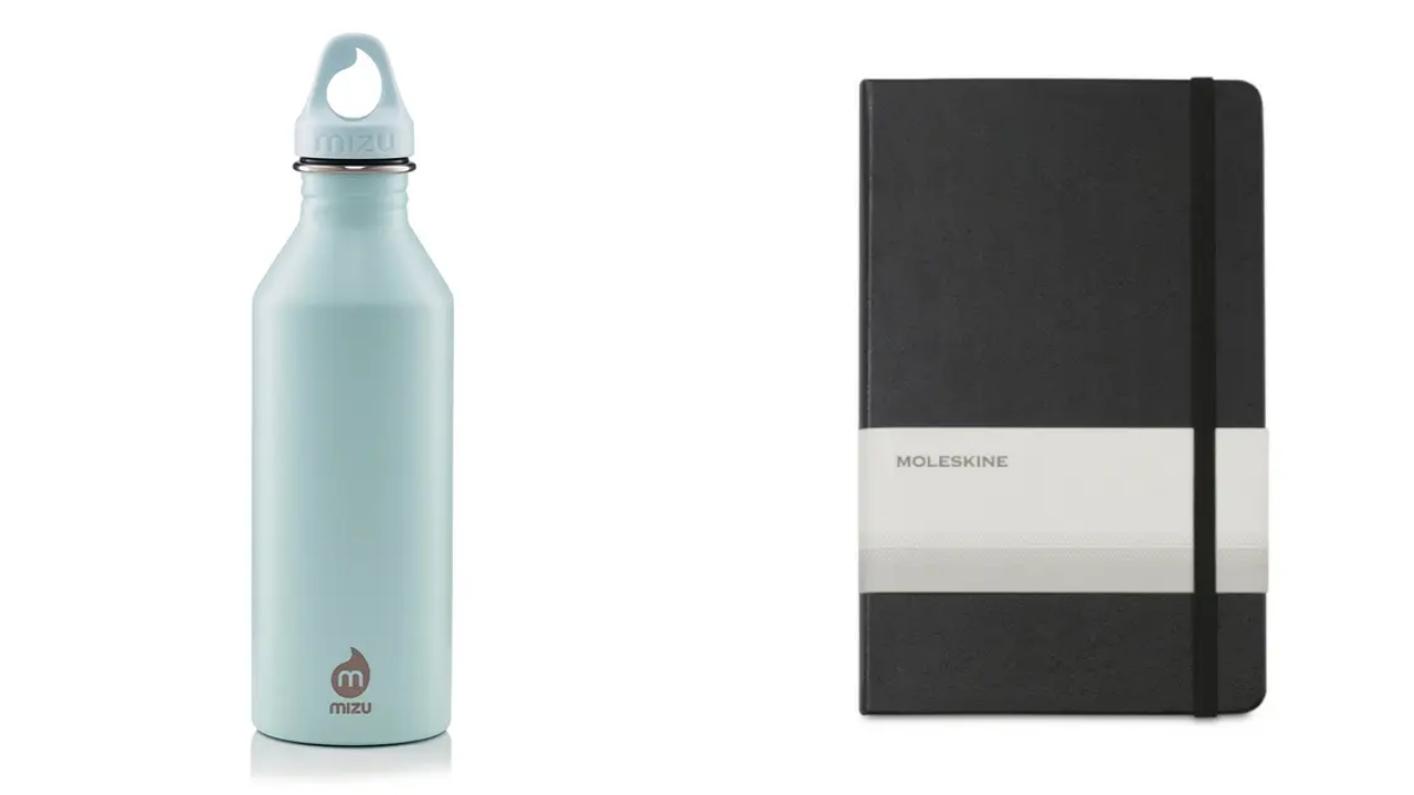 Photo of the Mizu M8 Bottle and the Moleskin Hard Cover Large Double Layout Notebook