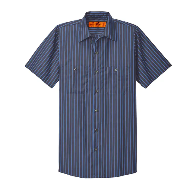 Red Kap Short Sleeve Striped Industrial Work Shirt Grey Blue Front