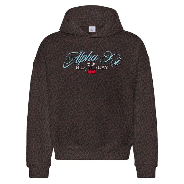 Alpha Xi Delta Script Cherry Leopard Pattern Bid Day Hoodie 2